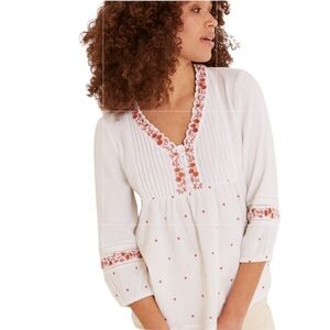 Fat Face Floral & Polka Dot Embroidery Gauzy Boho Blouse White & Rust‎ Size 12